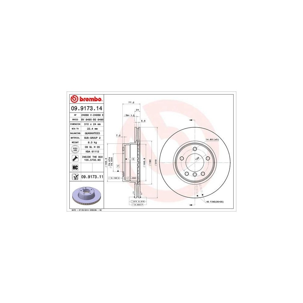 BREMBO - 09.9173.14 - Disco de freno