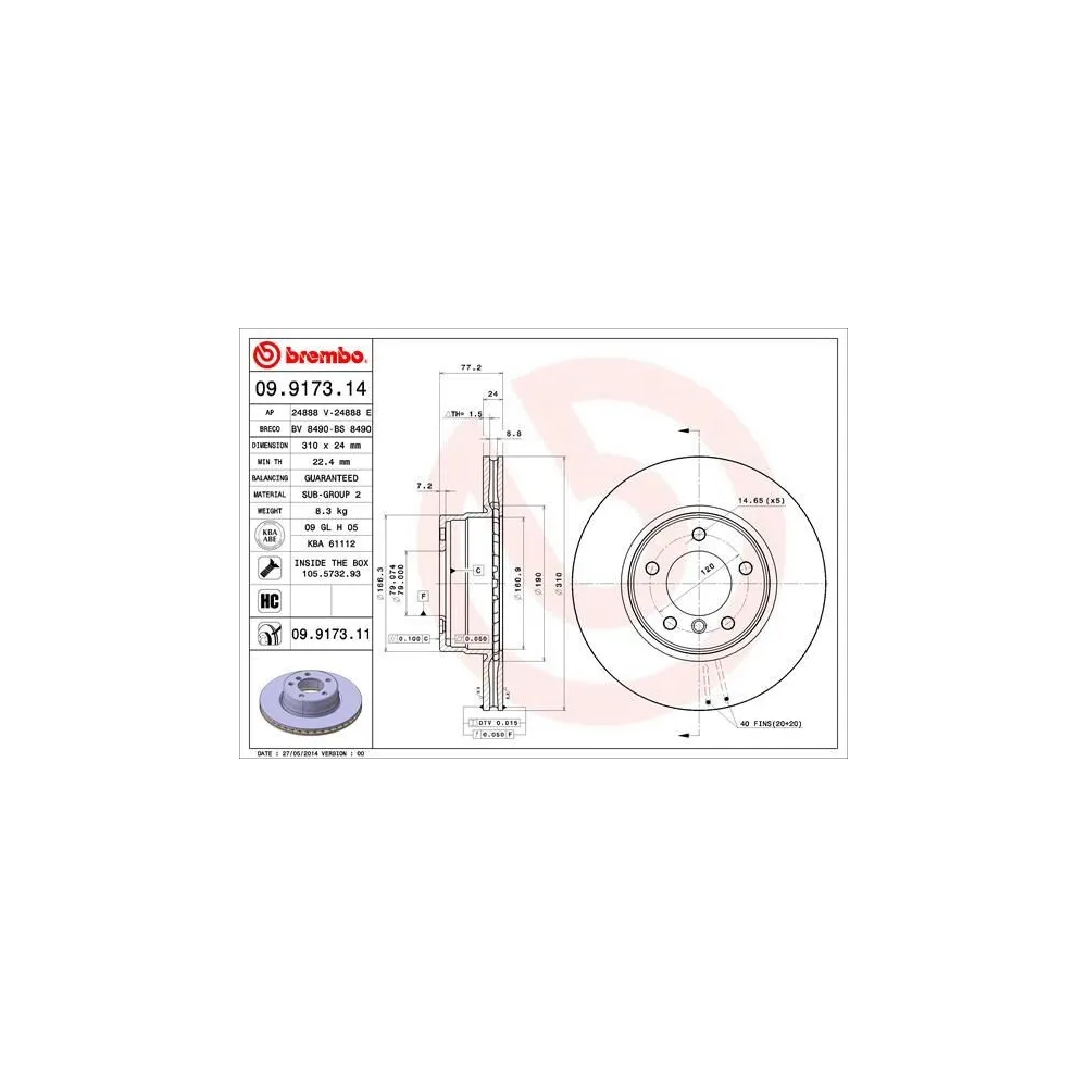 BREMBO - 09.9173.14 - Disco de freno