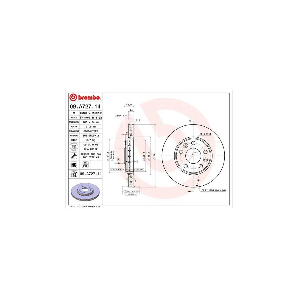 BREMBO 09.A727.14 Discos de freno