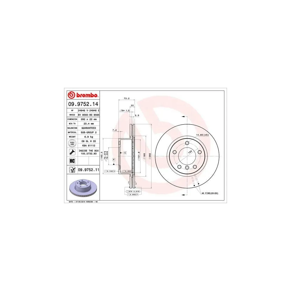 BREMBO 09.9752.11 Juego discos de freno