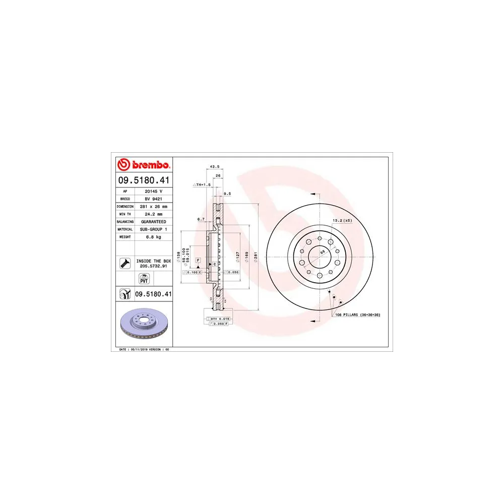 Disco de freno 09.5180.41 BREMBO