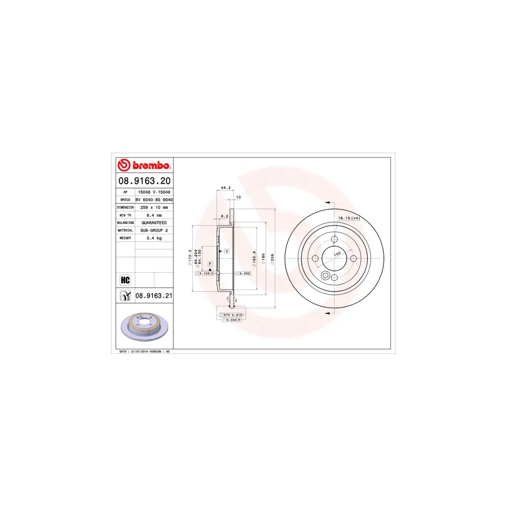 Disco de freno brembo 08.9163.20