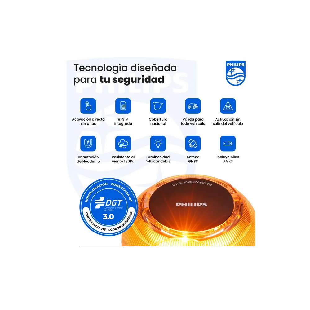 Baliza de emergencia Philips V16 conectada con DGT 3.0